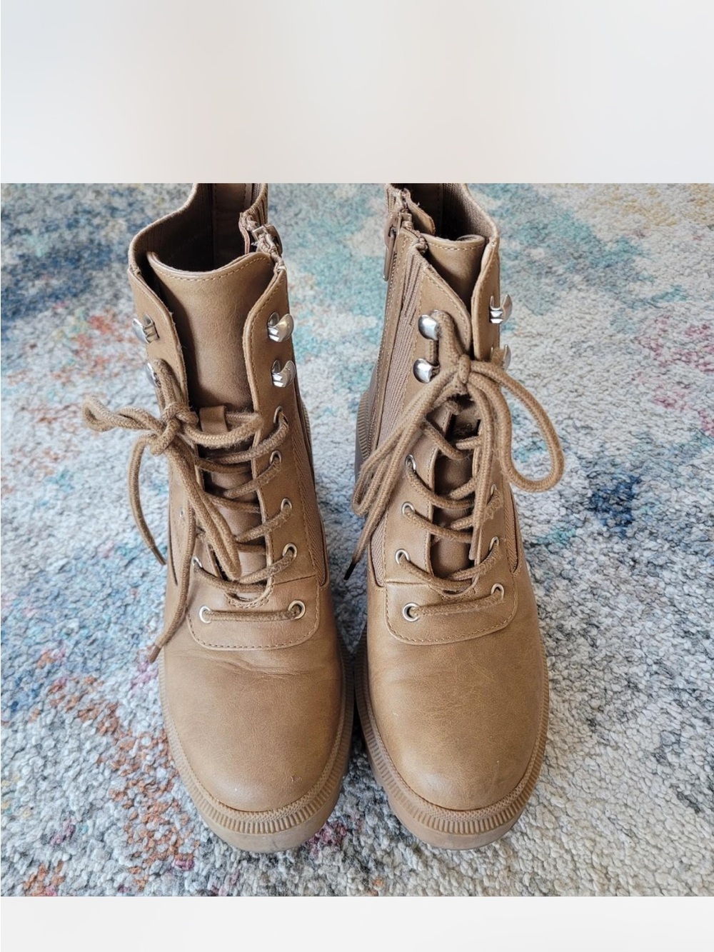 Women’s Lace-Up Chunky Combat Boots - Tan - Picture 3 of 4